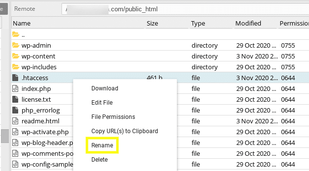 L'opzione per rinominare il file '.htaccess' di WordPress tramite client FTP.