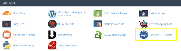 L'applicazione 'Seleziona versione PHP' in cPanel.