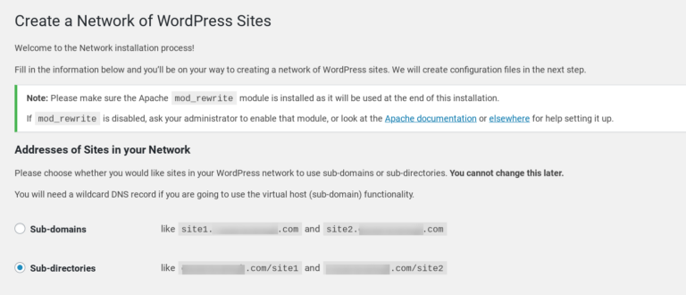 Die Netzwerkeinrichtungsseite in WordPress Multisite.