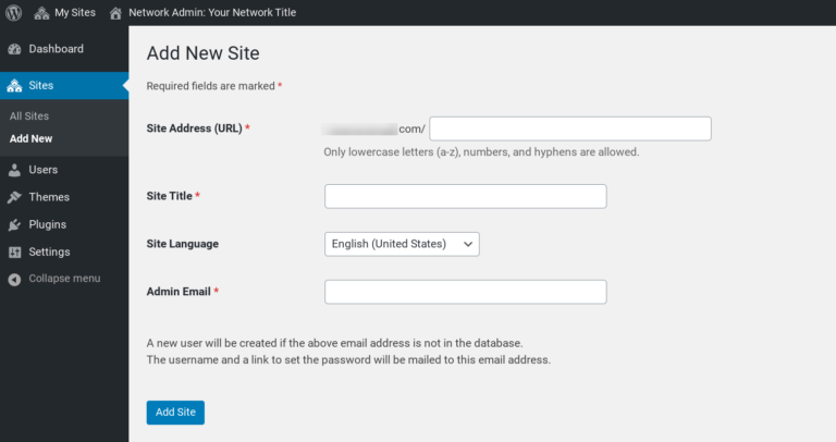 Der Bildschirm „Neue Website hinzufügen“ in WordPress Multisite.