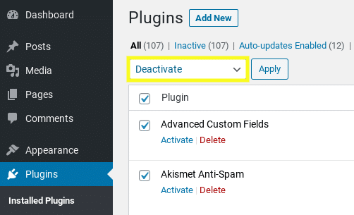 Der Bildschirm zum Deaktivieren von Plugins in WordPress.
