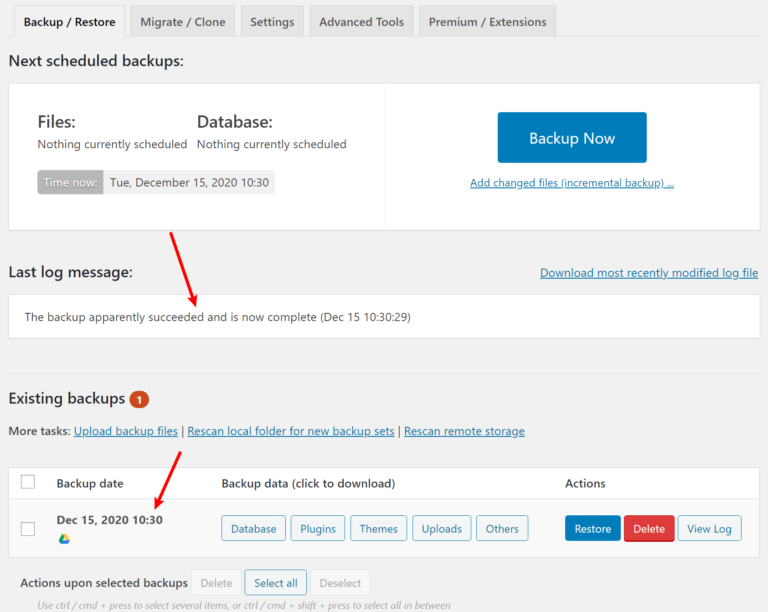 Messaggio di successo del backup