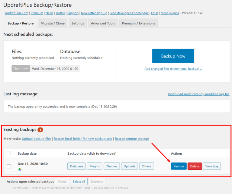 Come ripristinare un backup