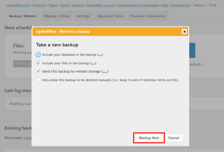 Conferma le impostazioni di backup