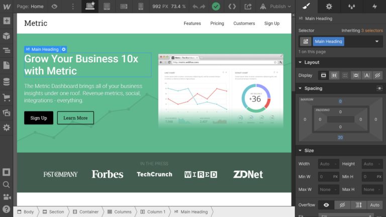 Interfaccia utente di Webflow Designer