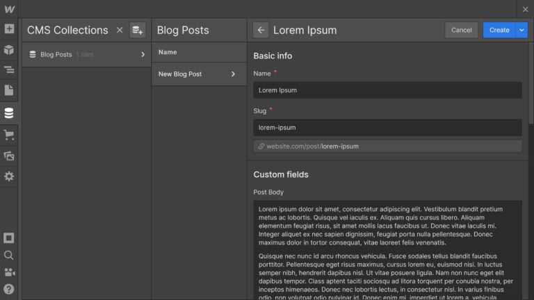 Aggiunta di un post sul blog in Webflow