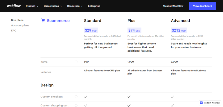 Piani di e-commerce di Webflow