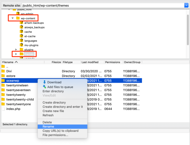 Rinominare il tema attivo per abilitare un tema predefinito tramite FTP.