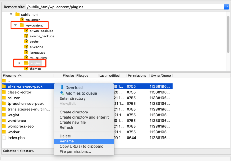 Rinominare i plugin per disattivarli tramite FTP.