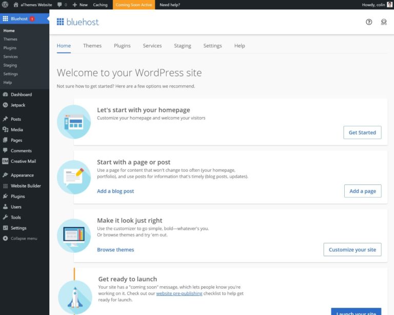 WordPress-Dashboard auf Bluehost