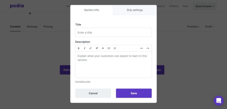 Esempio di interfaccia utente Podia