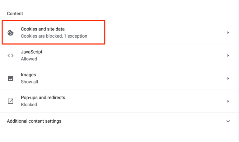 Impostazioni dei cookie e dei dati dei siti di Chrome.