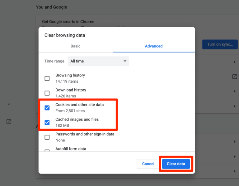 Cancellazione della cache e dei cookie di Chrome.