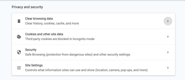 Impostazioni di privacy e sicurezza di Chrome.
