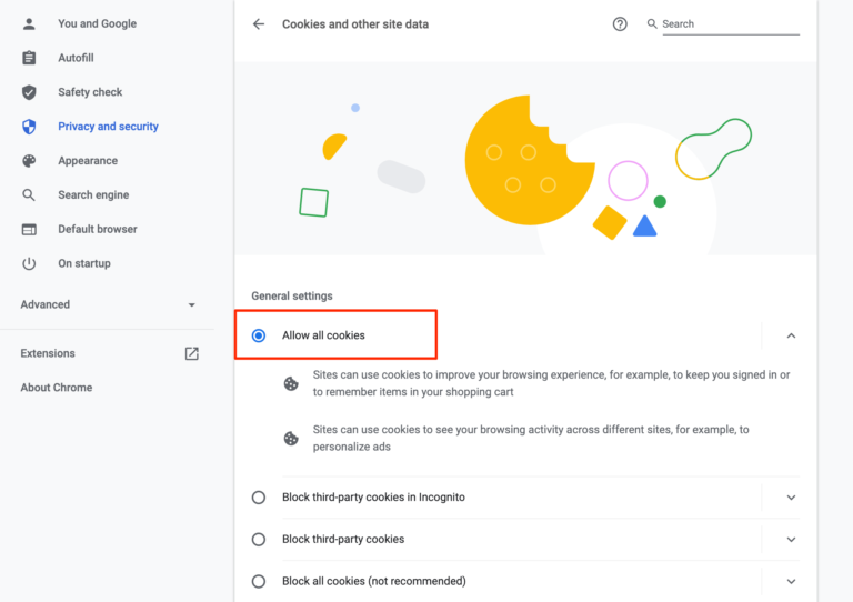 Consentire tutti i cookie del sito in Chrome.