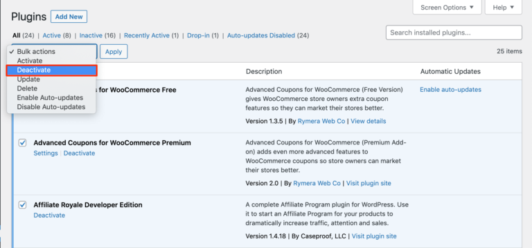 Disattivazione in blocco dei plugin in WordPress.