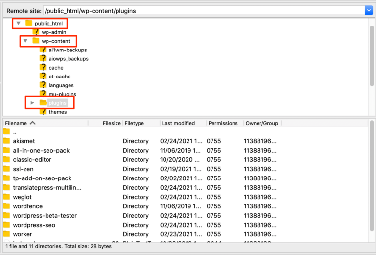 Accesso alla directory dei plugin in FileZilla.
