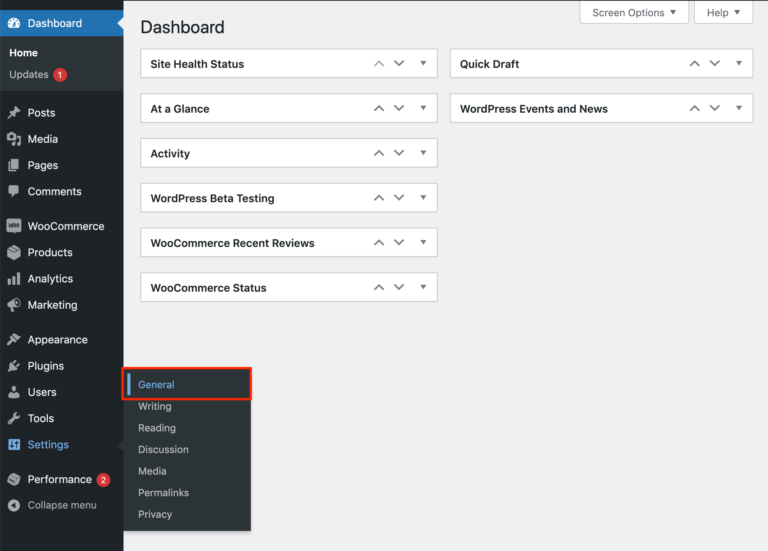 Accesso alle impostazioni generali di WordPress.