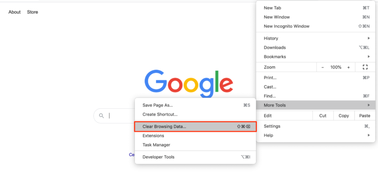 L'opzione Cancella dati di navigazione nel menu delle impostazioni di Chrome.