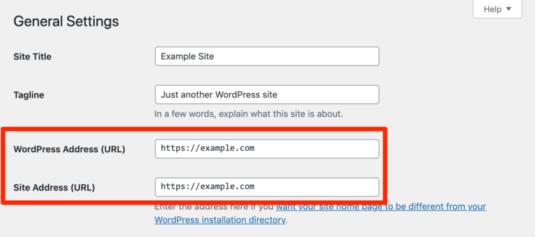 Controllo dell'indirizzo di WordPress e dell'indirizzo del sito.