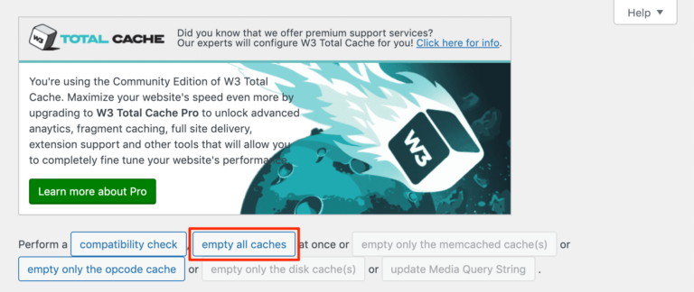 Cancellazione della cache del sito con W3 Total Cache.