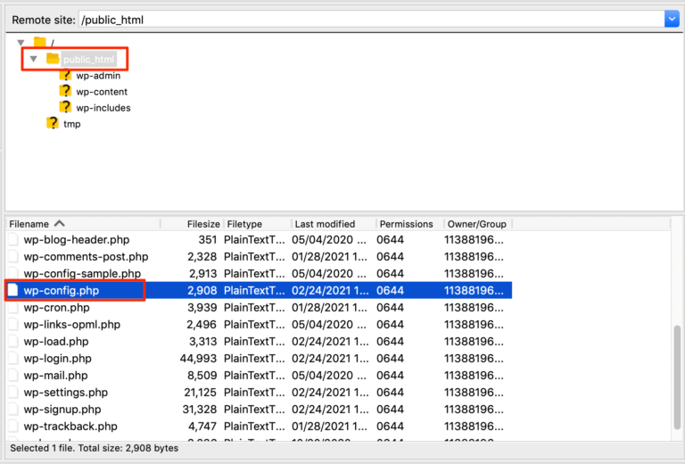 Accesso a wp-config.php tramite FileZilla.