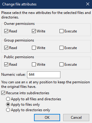 La schermata dei permessi dei file, con le impostazioni regolate per i file.