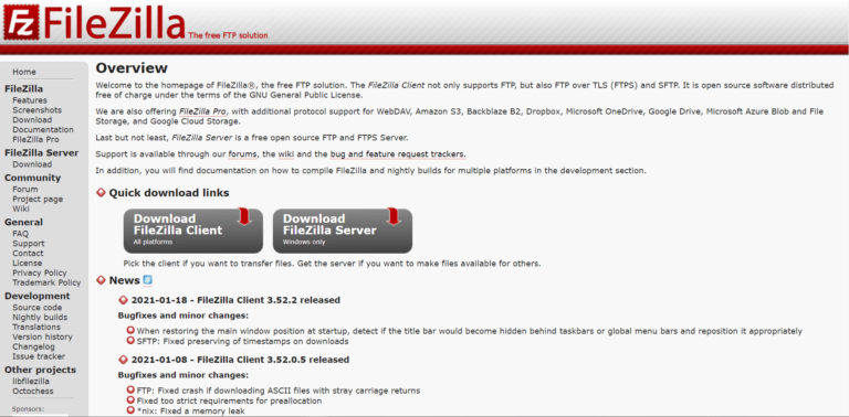 La home page di FileZilla.