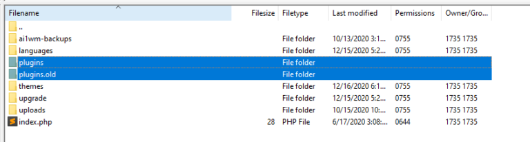 Rinominare la directory dei plugin tramite FTP.