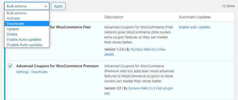 Disabilitare i plugin tramite la dashboard di WordPress.