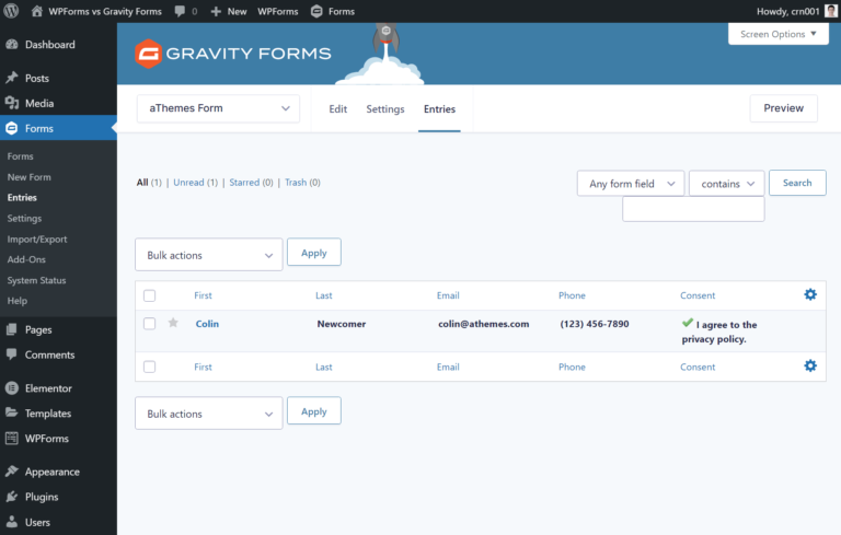 Invii di ingresso di Gravity Forms