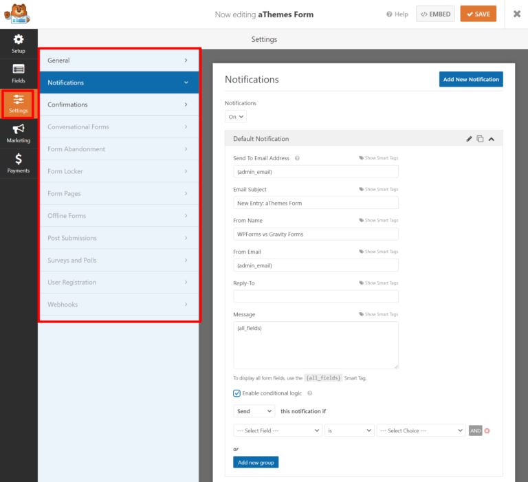 Impostazioni di WPForms