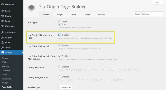 SiteOriginページビルダーの設定