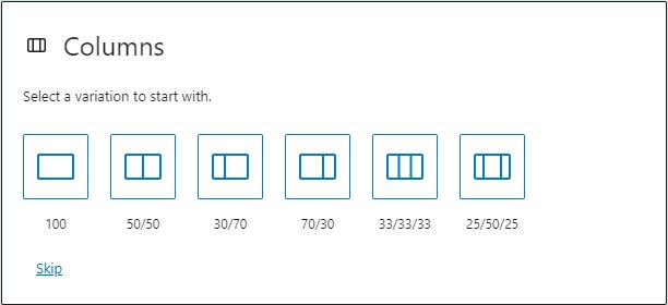 Columnsブロックで利用可能なさまざまなオプションのクローズアップ