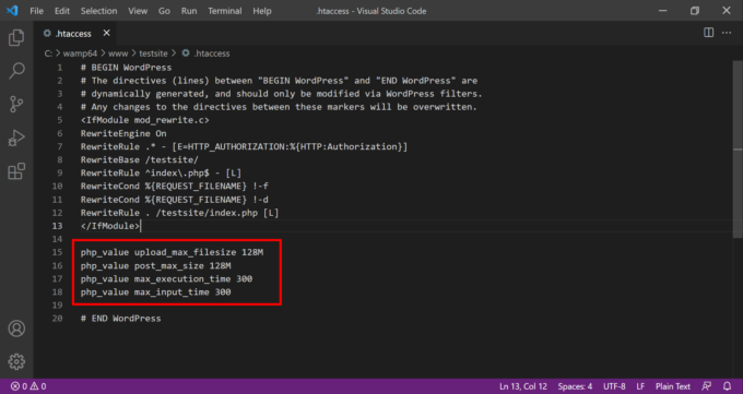 PHP値が変更された.htaccessファイル