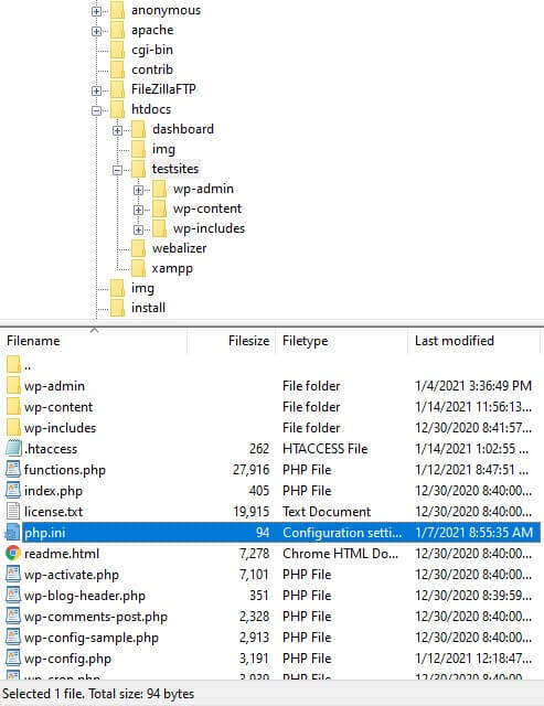 php.iniファイルを強調表示して、ルートフォルダを開きます