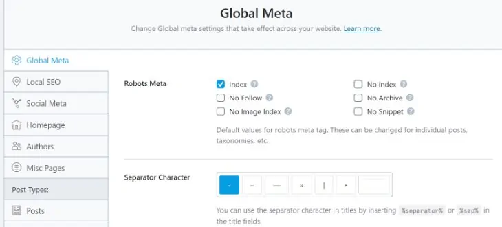 Interfaccia utente del plugin RankMath per WordPress