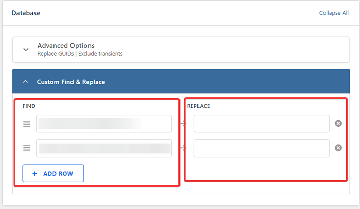 come sostituire l'URL per importare o esportare il database