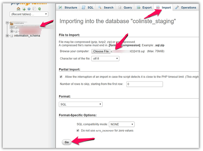 Importa il database su phpMyAdmin