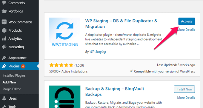 come installare e attivare il plugin di staging WP