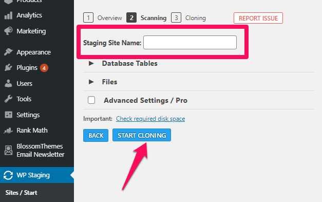 come dare un nome al sito di staging e iniziare a clonare