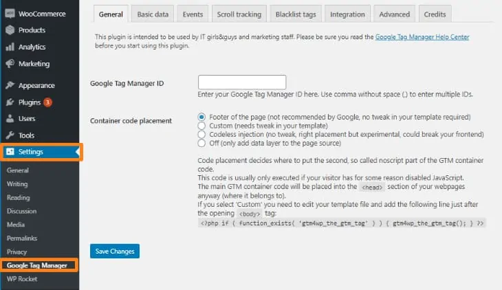 modifica delle impostazioni di google tag manager