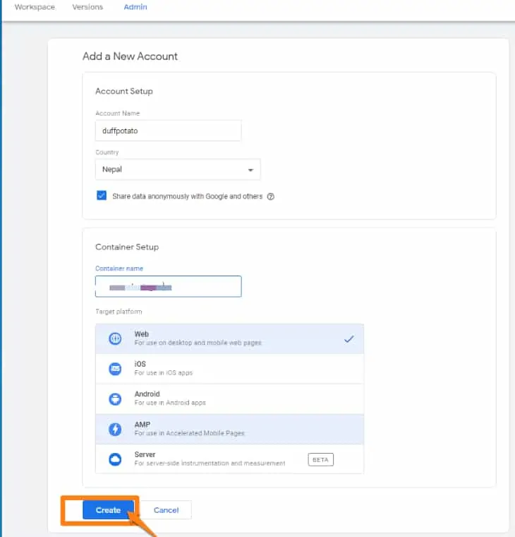 crea un gestore di tag di Google