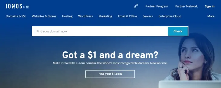 Homepage del fornitore di servizi di hosting di siti Web IONOS