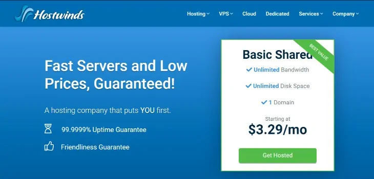 Homepage del fornitore di servizi di hosting di siti Web di Hostwinds
