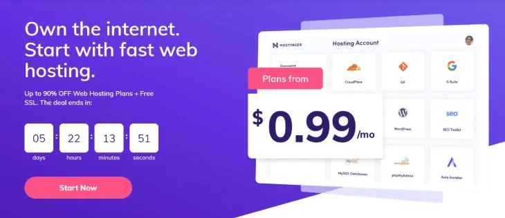 Homepage del fornitore di servizi di hosting di siti Web di Hostinger