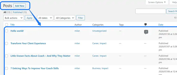WordPressダッシュボードで保存および公開された投稿のリストを強調表示する