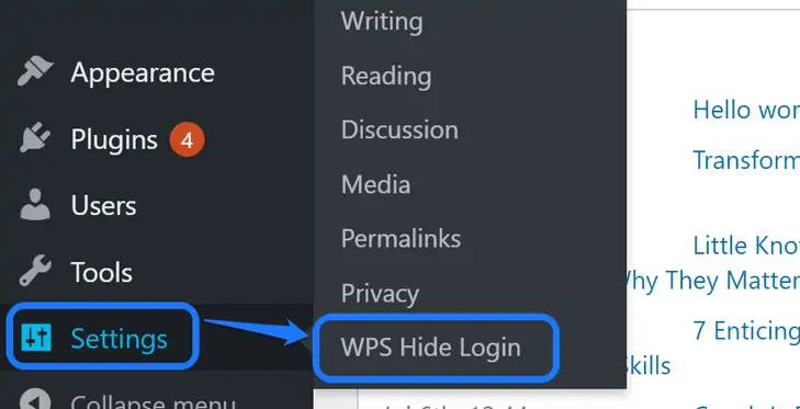 WordPressサイドバーの[設定]オプション内にある[WPS非表示ログイン]ボタンをポイントします