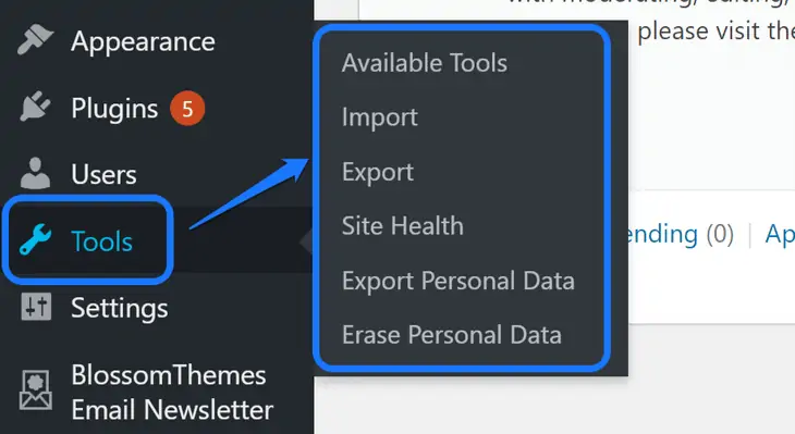 WordPressのサイドバーの[ツール]オプション内のボタンを強調表示する