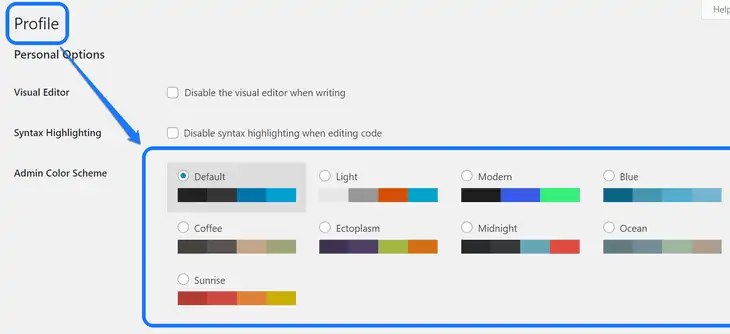 WordPressダッシュボードのプロファイルページで管理者の配色をポイントする